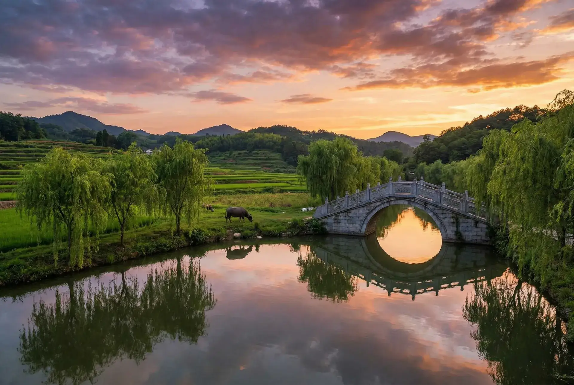 夕阳下的石拱桥与垂柳，水牛在河边吃草 - 北京援交 乡村美景